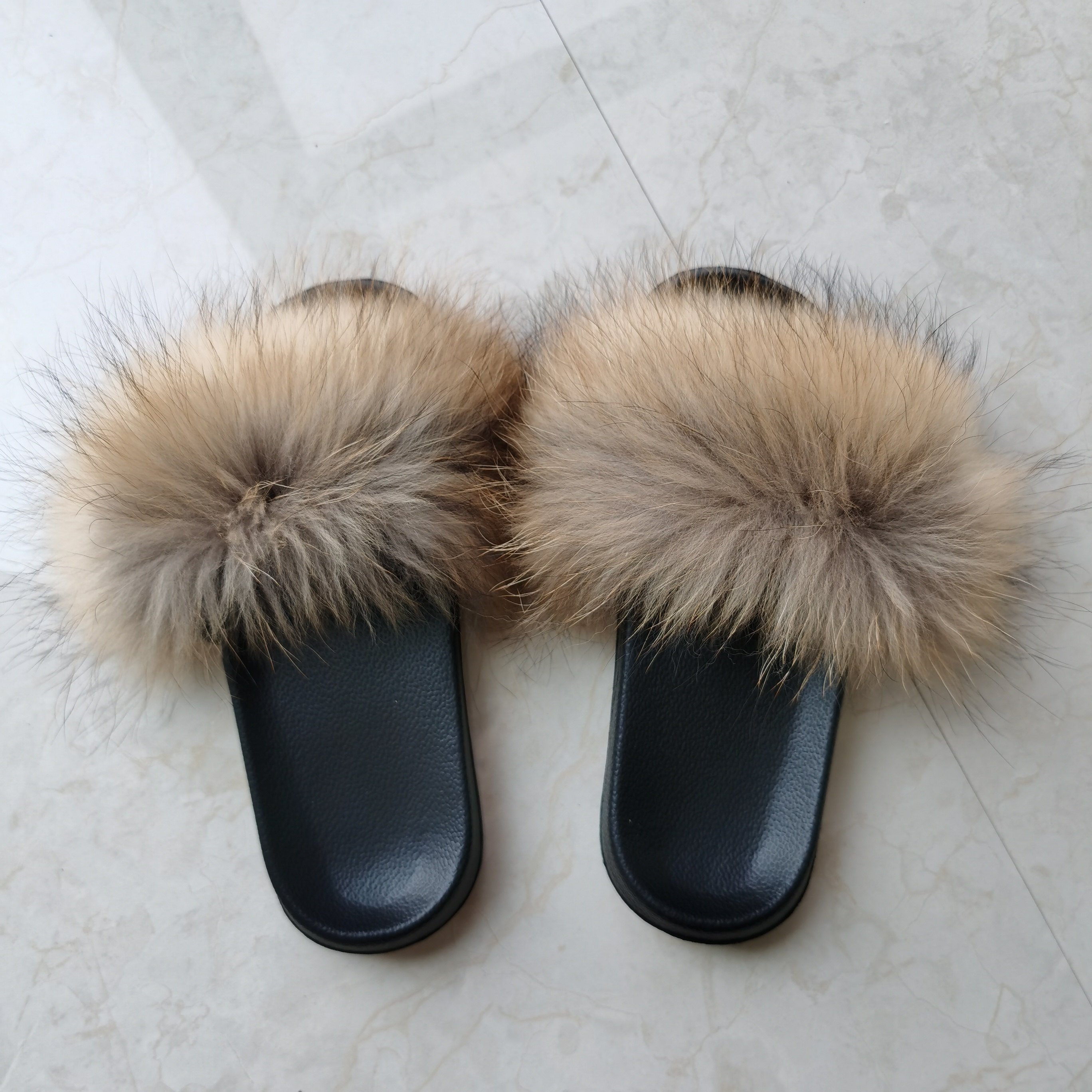36-45 Summer Women Real Fox Fur Slippers Fur Slides Female Indoor Flip Flops Casual Fur Sandals Fluffy Plush Shoes