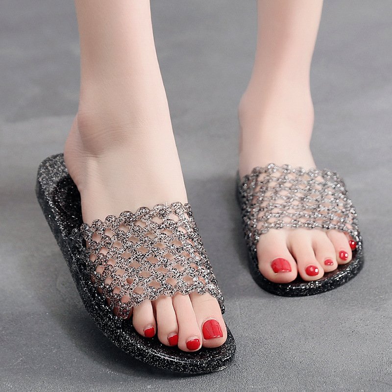 Summer cheap new ladies crystal slides hollow beach jelly shoes slip-ons women indoor clear flat sandals slippers
