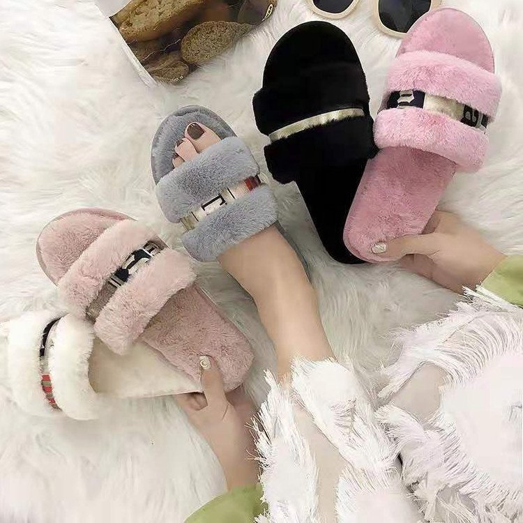 High quality Autumn and winter grey non-slip flat beach sandals women's shoes plushrthick-soled plush flip flop