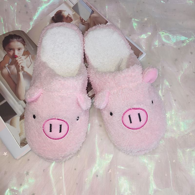 Cute soft cosy plush pig shape slippers for women
