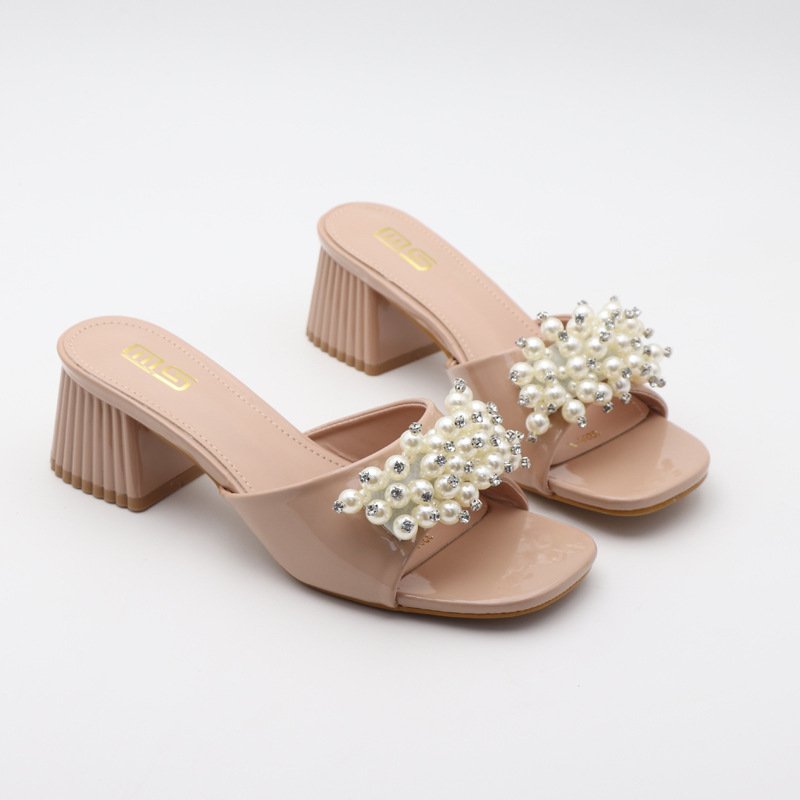 Favorable Price sexy women square pearl fashion women sandals designer slippers slides home slippers