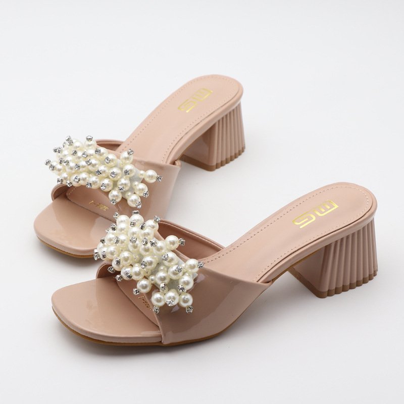 Favorable Price sexy women square pearl fashion women sandals designer slippers slides home slippers