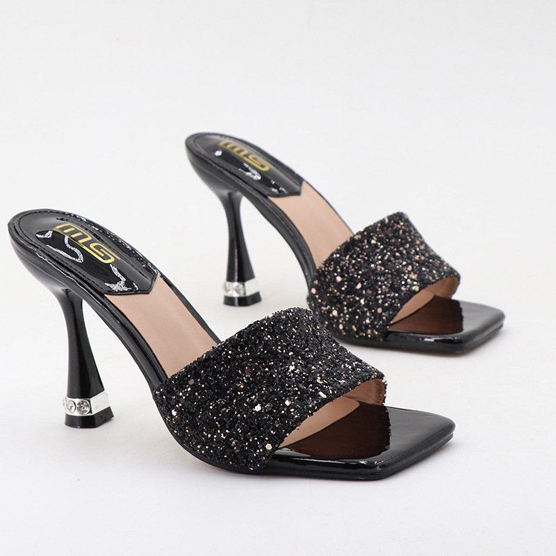 New style fashion sexy solid color high heels outdoor square head slipper designer slippers slides home slipper for women