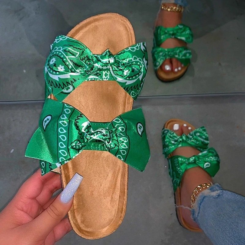 FAST SHIPPING Bowknot Bandana Slides Print Bow Footwear Slip Beach Rubber Slippers 2020 Bandana Slides Women Bandana Sandals