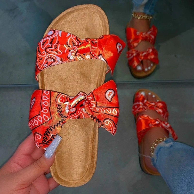FAST SHIPPING Bowknot Bandana Slides Print Bow Footwear Slip Beach Rubber Slippers 2020 Bandana Slides Women Bandana Sandals
