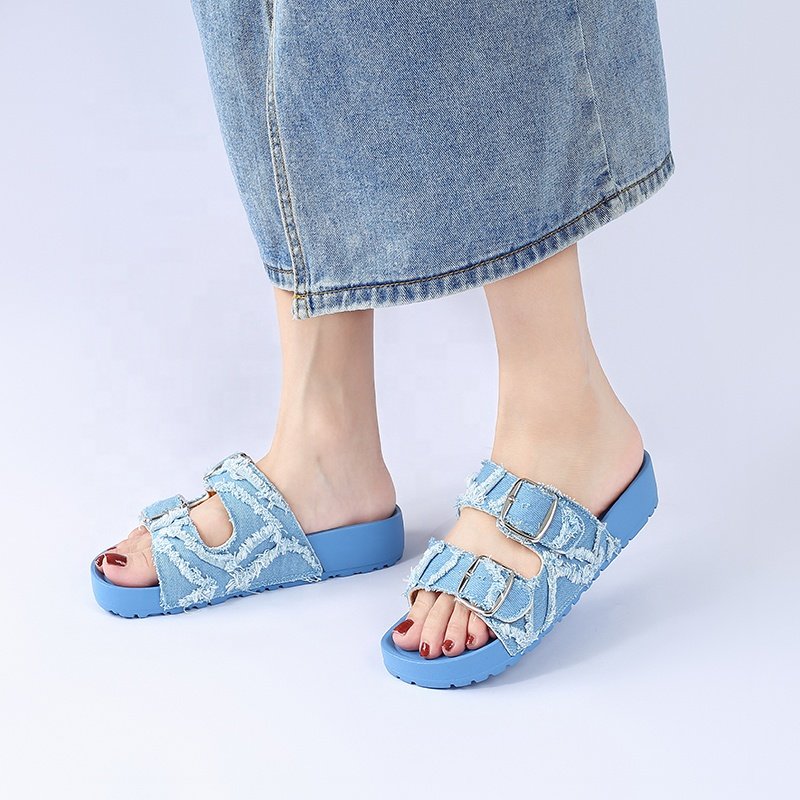 Custom 36-41 Women Denim Fabric Slippers Wholesale Double Strap Metal Buckle Sandals Arch Slippers