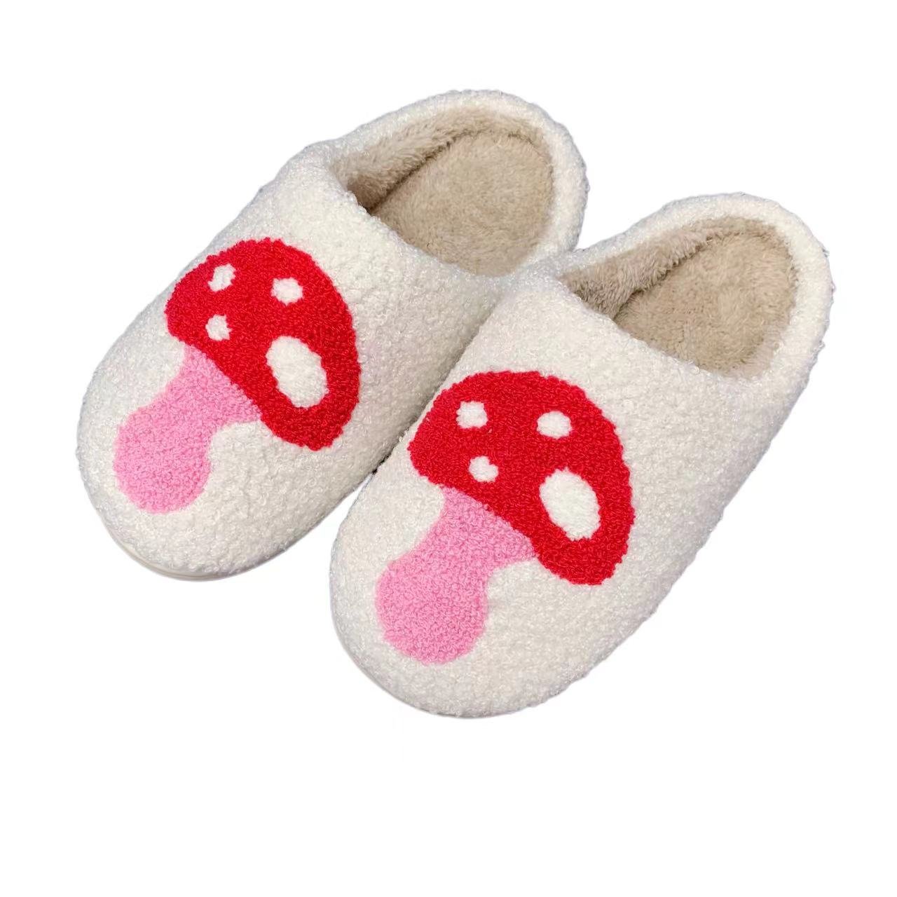Wholesale Cute fuzzy Mushroom Slippers Slides Ladies Winter Indoor Flat Warm Slippers