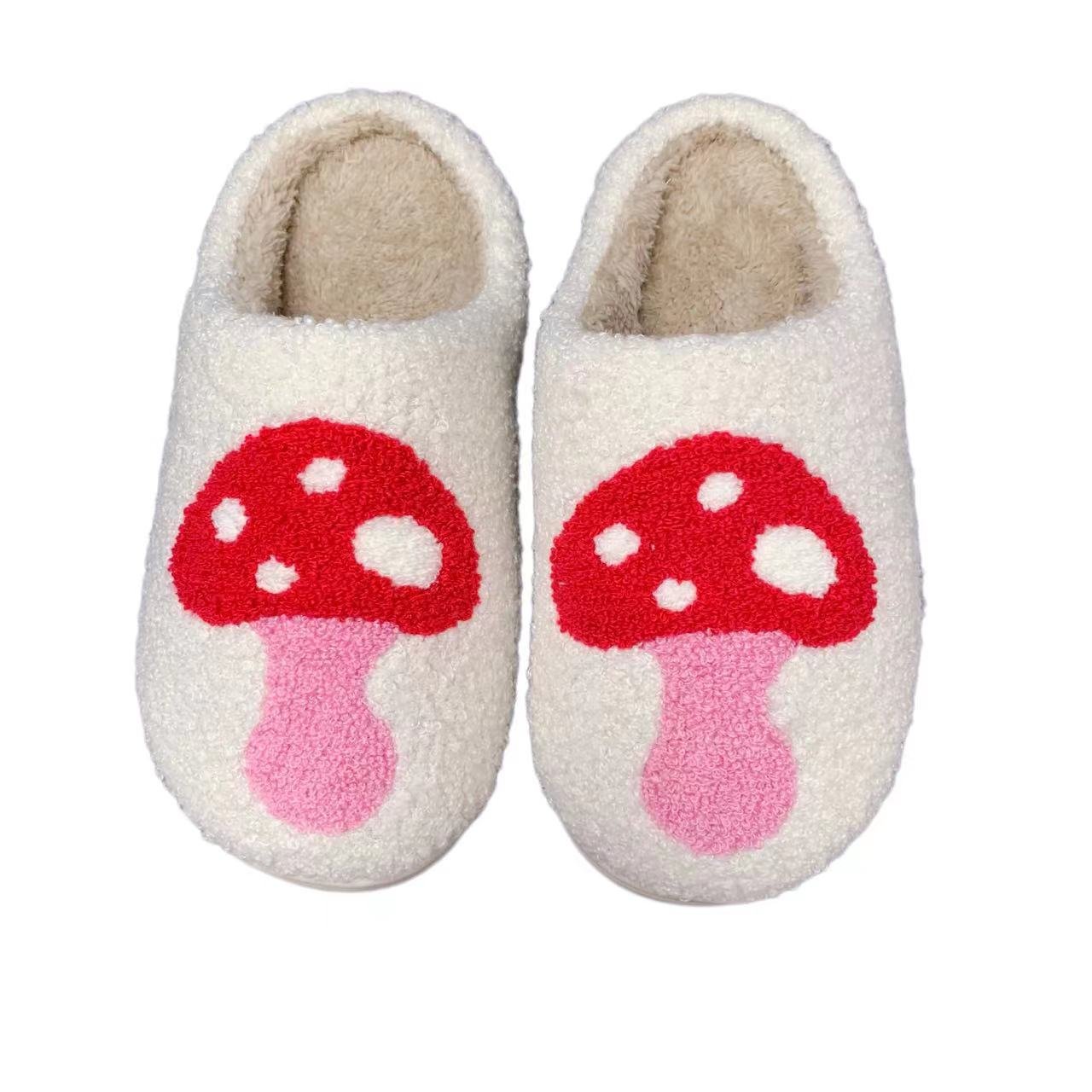 Wholesale Cute fuzzy Mushroom Slippers Slides Ladies Winter Indoor Flat Warm Slippers