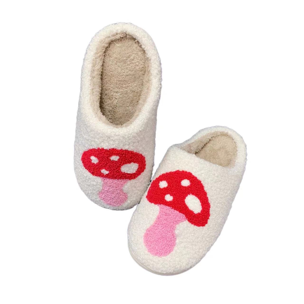 Wholesale Cute fuzzy Mushroom Slippers Slides Ladies Winter Indoor Flat Warm Slippers