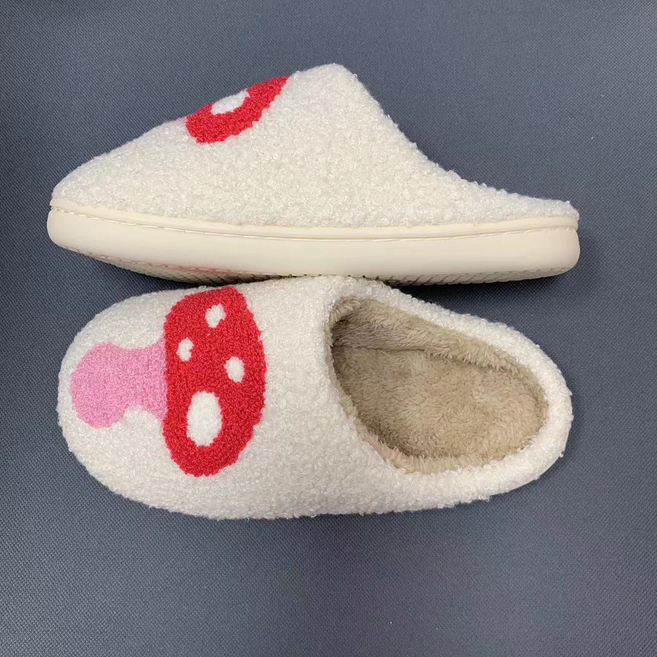 Wholesale Cute fuzzy Mushroom Slippers Slides Ladies Winter Indoor Flat Warm Slippers