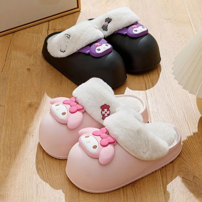 Ruun new kawaii sanrioed plush slippers anime melody kulomi kitty Cartoon winter warm Women gifts Waterproof Outdoor Sweet Shoes