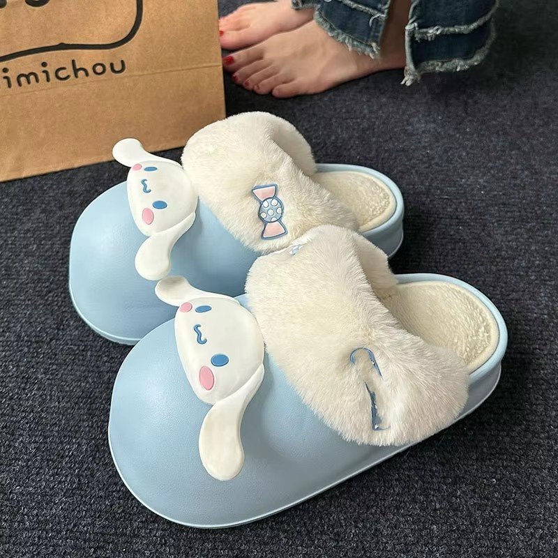 Ruun new kawaii sanrioed plush slippers anime melody kulomi kitty Cartoon winter warm Women gifts Waterproof Outdoor Sweet Shoes