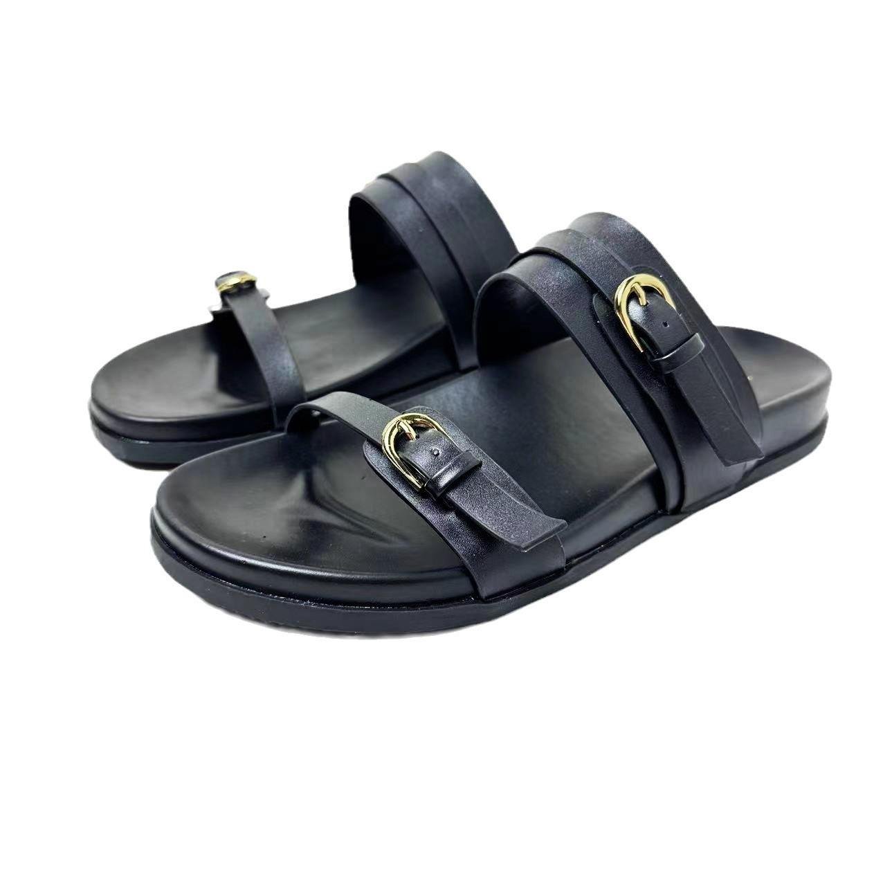 sandales femme plat Z New 2024 Thick Bottom Women's Shoes One Strap Buckle Metal Open Toe Fashion Sandals Slippers Female