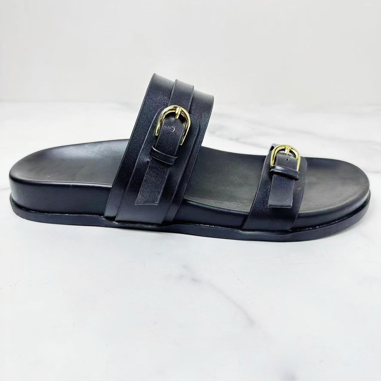 sandales femme plat Z New 2024 Thick Bottom Women's Shoes One Strap Buckle Metal Open Toe Fashion Sandals Slippers Female