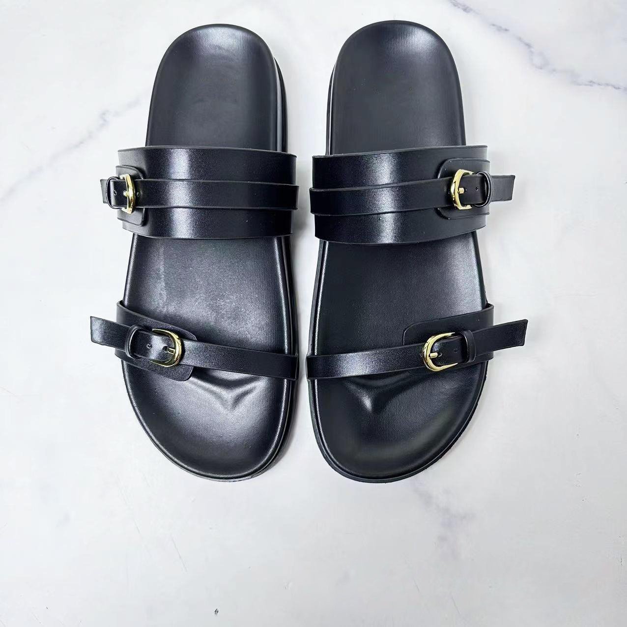 sandales femme plat Z New 2024 Thick Bottom Women's Shoes One Strap Buckle Metal Open Toe Fashion Sandals Slippers Female