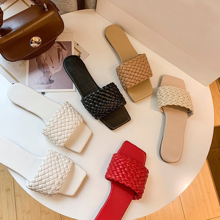 Fashion Women Summer Beach Sandals Braided Flat Casual Weave Leather Slides Slippers for Women