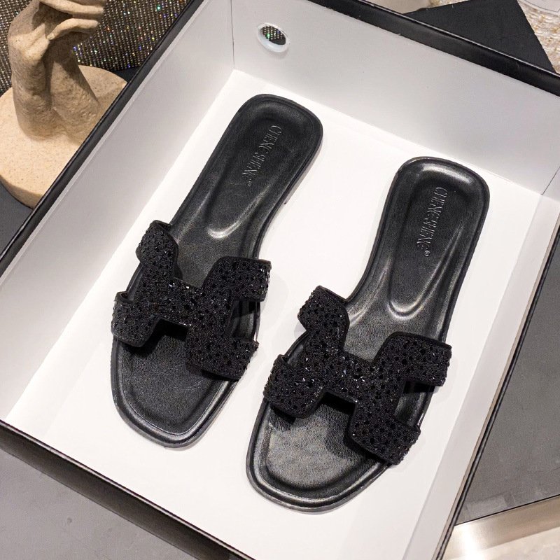 High Quality Shining Rhinestone Women Outdoor Fashion Sandals Elegant Female Slides Slippers Crystal Luxury Ladies Flat Slippers
