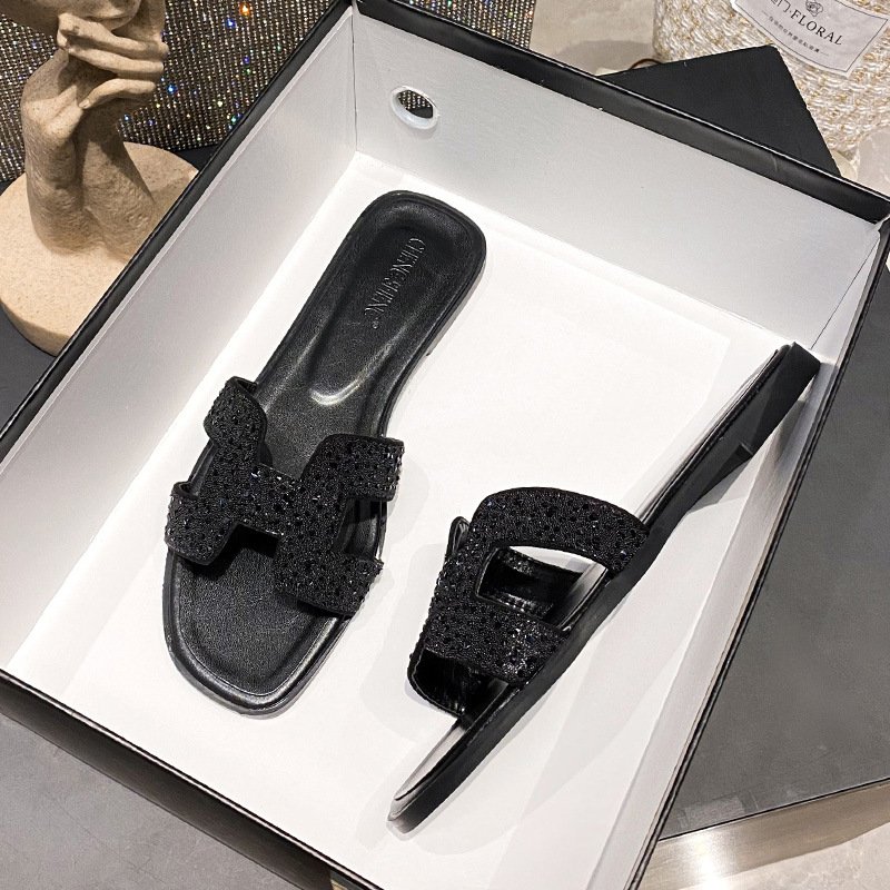 High Quality Shining Rhinestone Women Outdoor Fashion Sandals Elegant Female Slides Slippers Crystal Luxury Ladies Flat Slippers