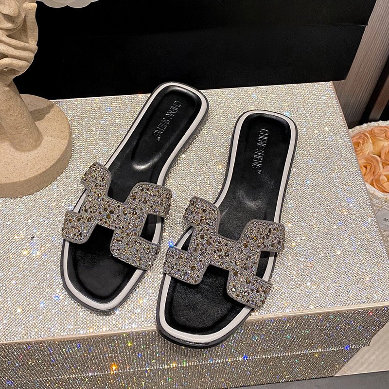 High Quality Shining Rhinestone Women Outdoor Fashion Sandals Elegant Female Slides Slippers Crystal Luxury Ladies Flat Slippers