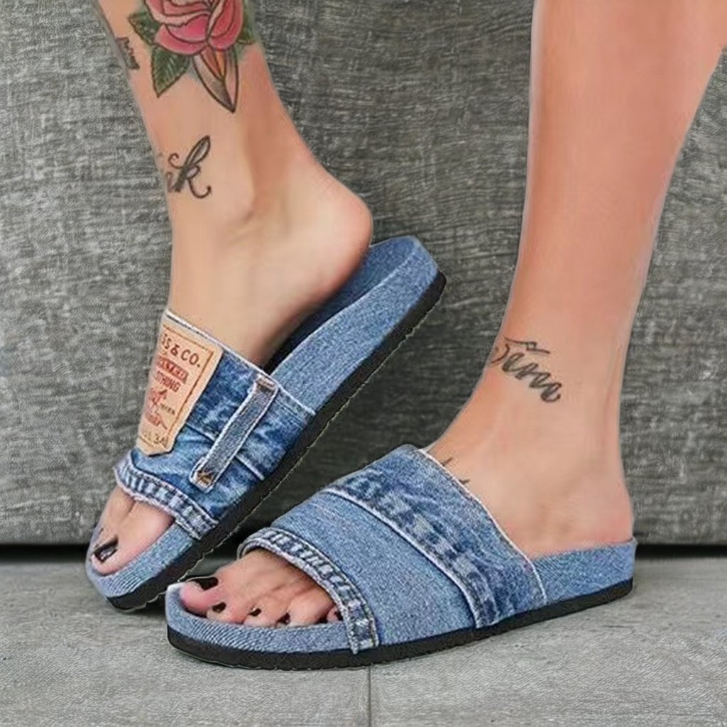 Women's Summer Sandals Large Size Denim Slippers with Anti-Slip Lightweight and Breathable Flat Bottom Beach Shoes