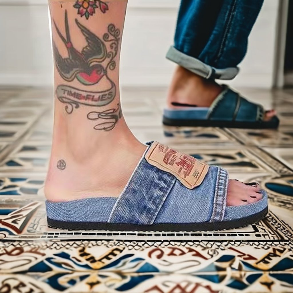 Women's Summer Sandals Large Size Denim Slippers with Anti-Slip Lightweight and Breathable Flat Bottom Beach Shoes