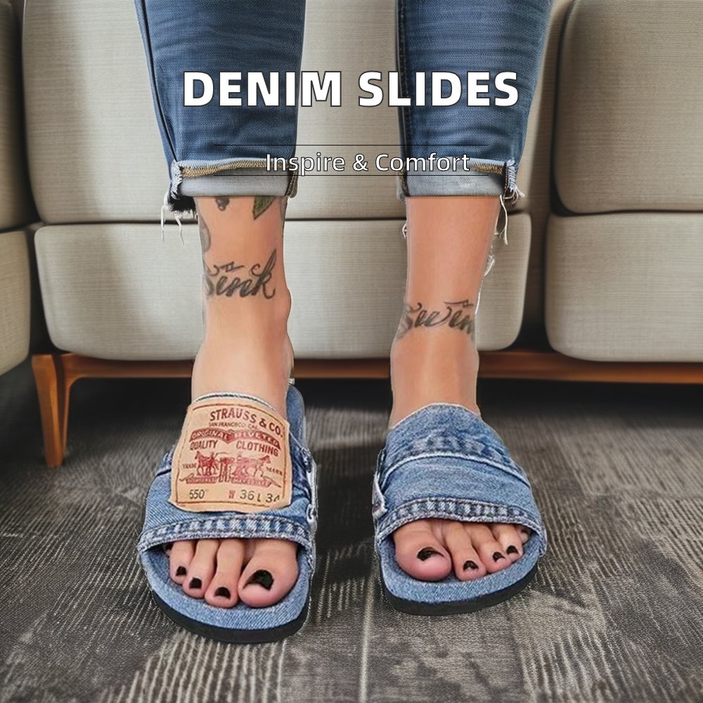 Women's Summer Sandals Large Size Denim Slippers with Anti-Slip Lightweight and Breathable Flat Bottom Beach Shoes