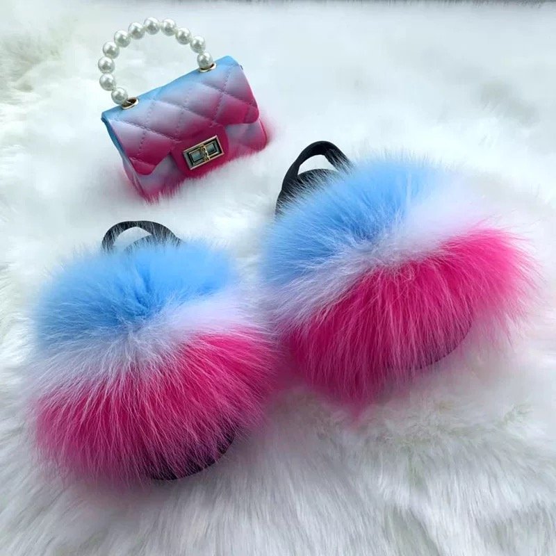 Children's fur slippers package baby and mother wear together fashion fur slippers this real fur slippers