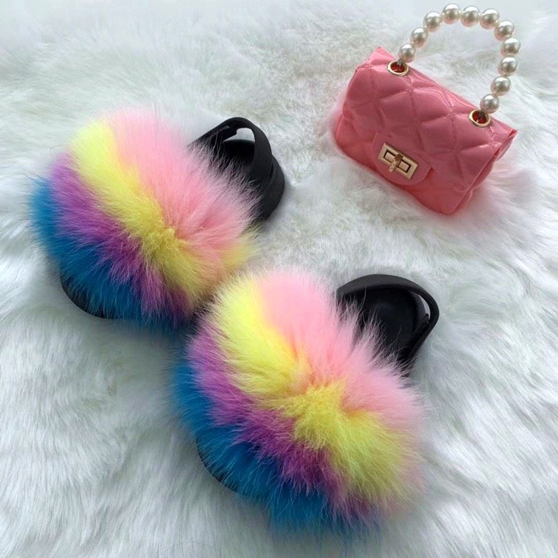 Children's fur slippers package baby and mother wear together fashion fur slippers this real fur slippers