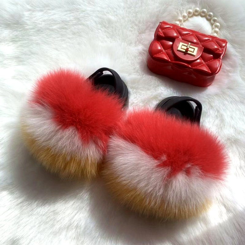Children's fur slippers package baby and mother wear together fashion fur slippers this real fur slippers