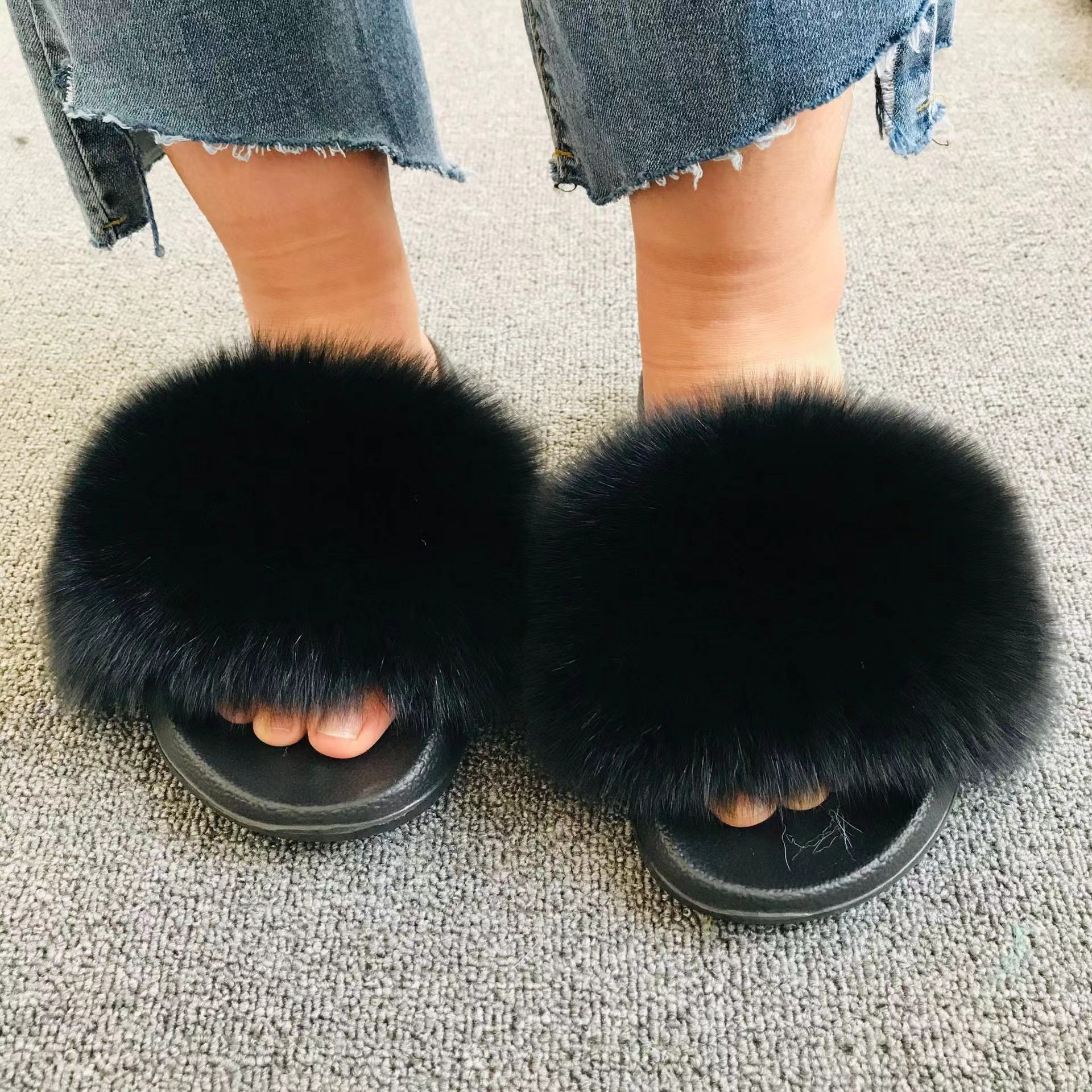 Hot Sale Ladies Fashion Fur Slippers Factory Fast Shipping Fox Fur Slippers Faux Raccoon Fur Slippers