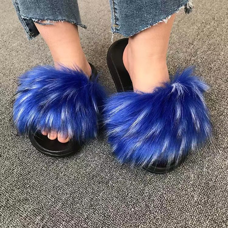 Hot Sale Ladies Fashion Fur Slippers Factory Fast Shipping Fox Fur Slippers Faux Raccoon Fur Slippers