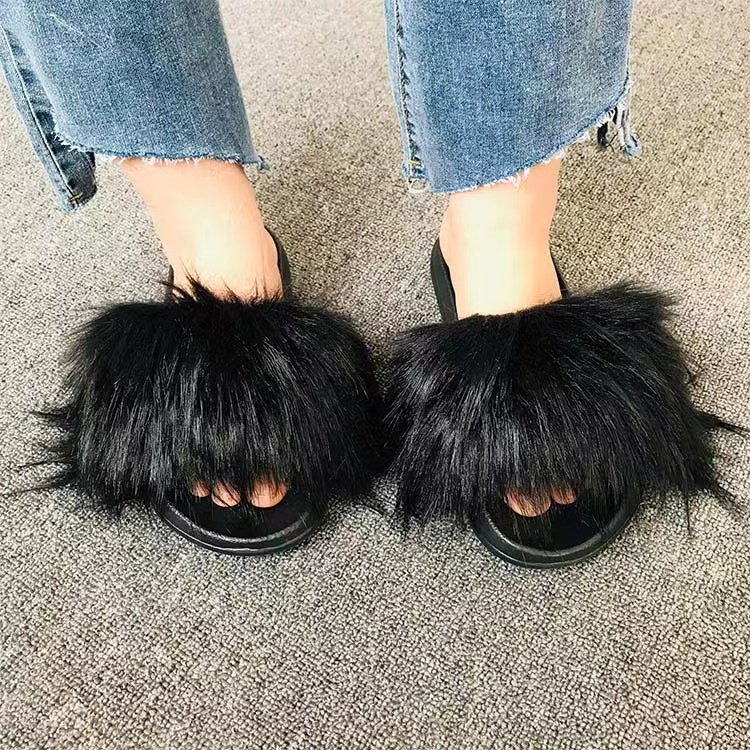 Hot Sale Ladies Fashion Fur Slippers Factory Fast Shipping Fox Fur Slippers Faux Raccoon Fur Slippers