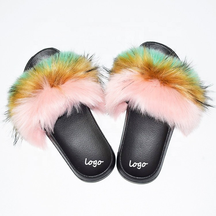 Wholesale Women House Slides Warm Faux Fur Ladies soft sole warm flat fashion fur slippers