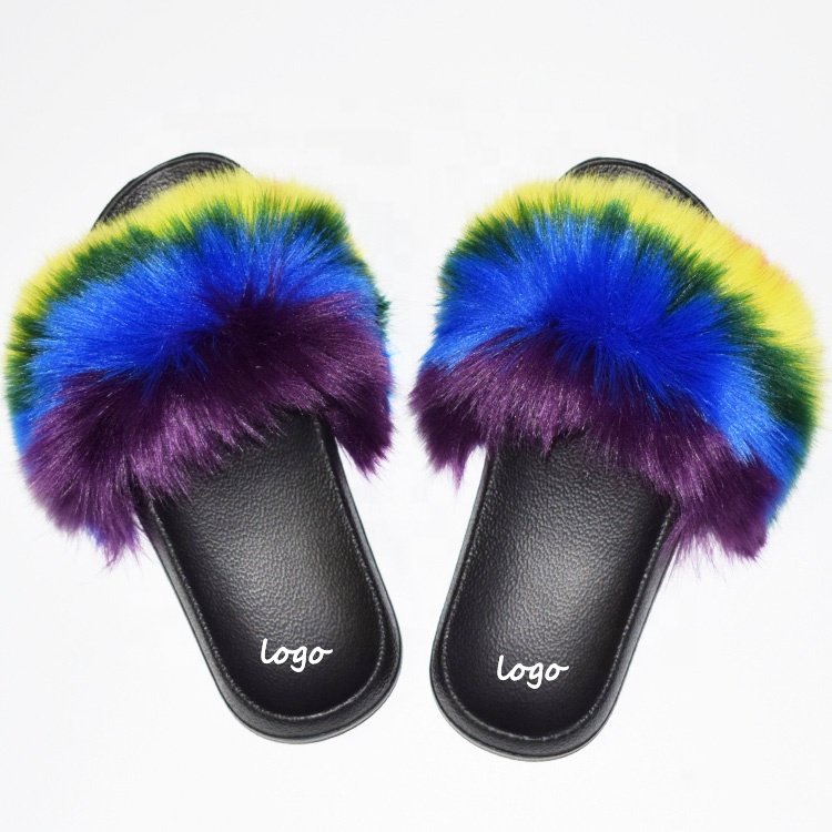 Wholesale Women House Slides Warm Faux Fur Ladies soft sole warm flat fashion fur slippers