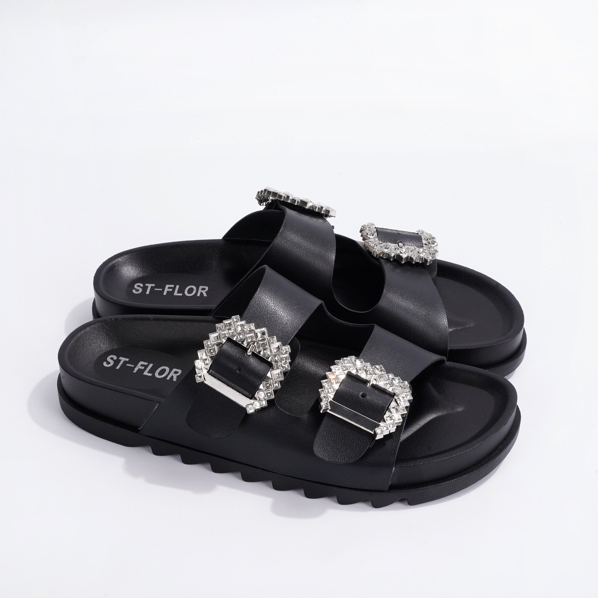 2024 fashion simple rhinestone double buckle non-slip flat slide slippers woman shoes outdoor