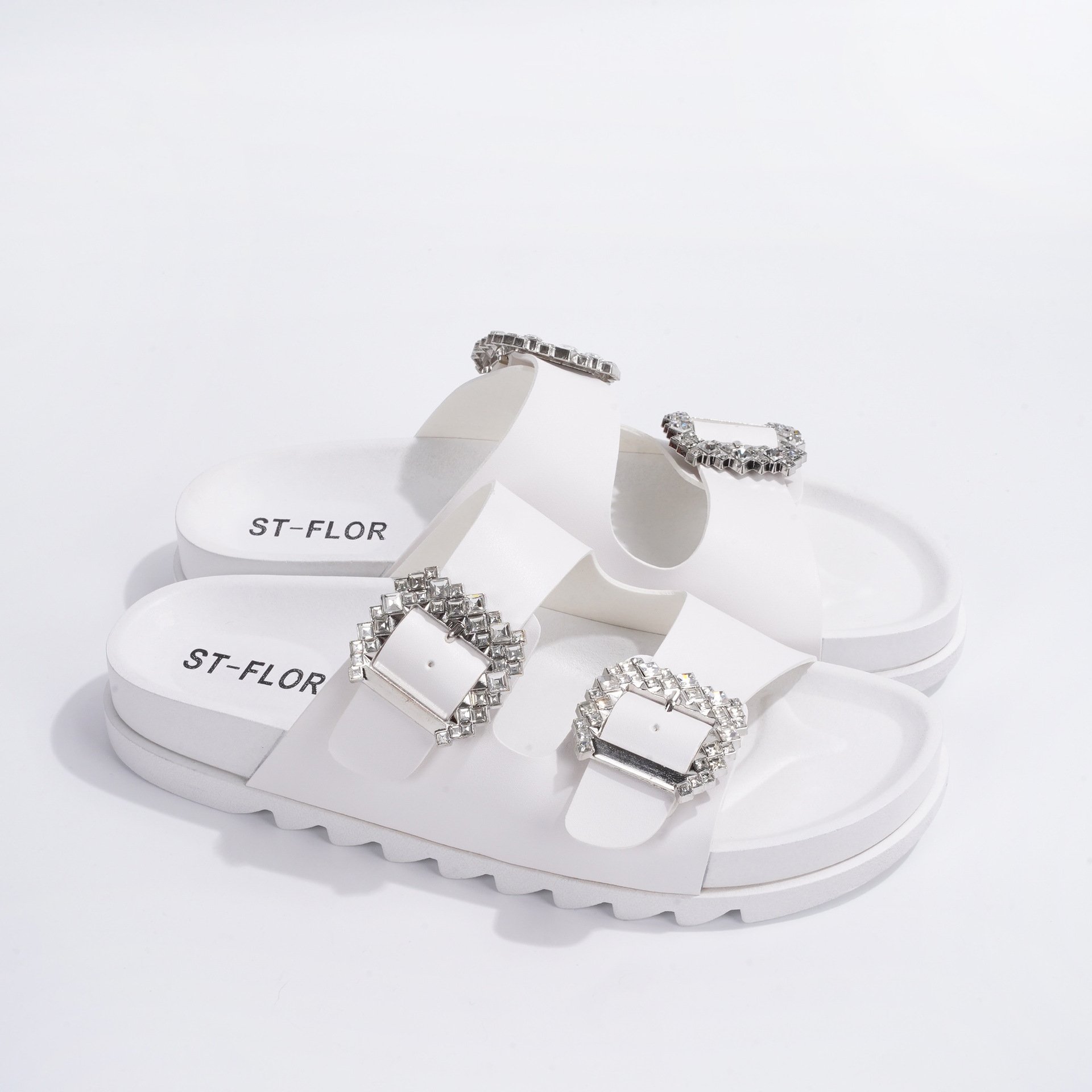 2024 fashion simple rhinestone double buckle non-slip flat slide slippers woman shoes outdoor