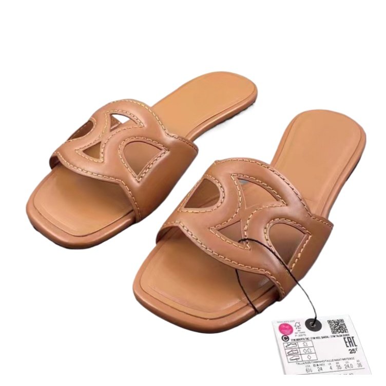 Casual Flat Outdoor Beach Women's Shoes Large Size 42 Famous ZA Shoes 2024 Summer New Brown Hollow Slides Slippers