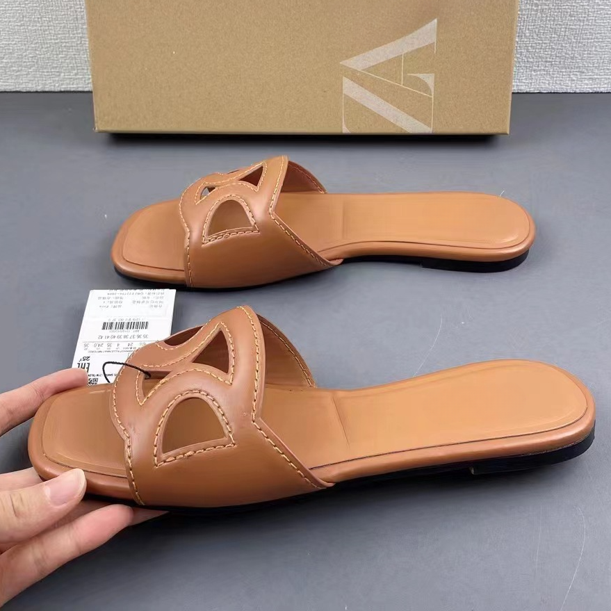 Casual Flat Outdoor Beach Women's Shoes Large Size 42 Famous ZA Shoes 2024 Summer New Brown Hollow Slides Slippers