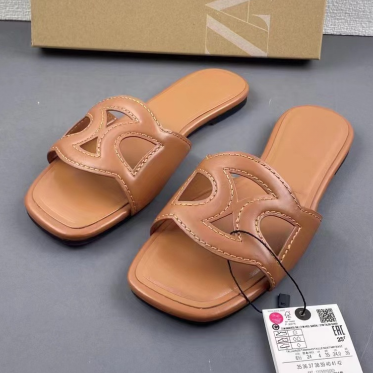 Casual Flat Outdoor Beach Women's Shoes Large Size 42 Famous ZA Shoes 2024 Summer New Brown Hollow Slides Slippers