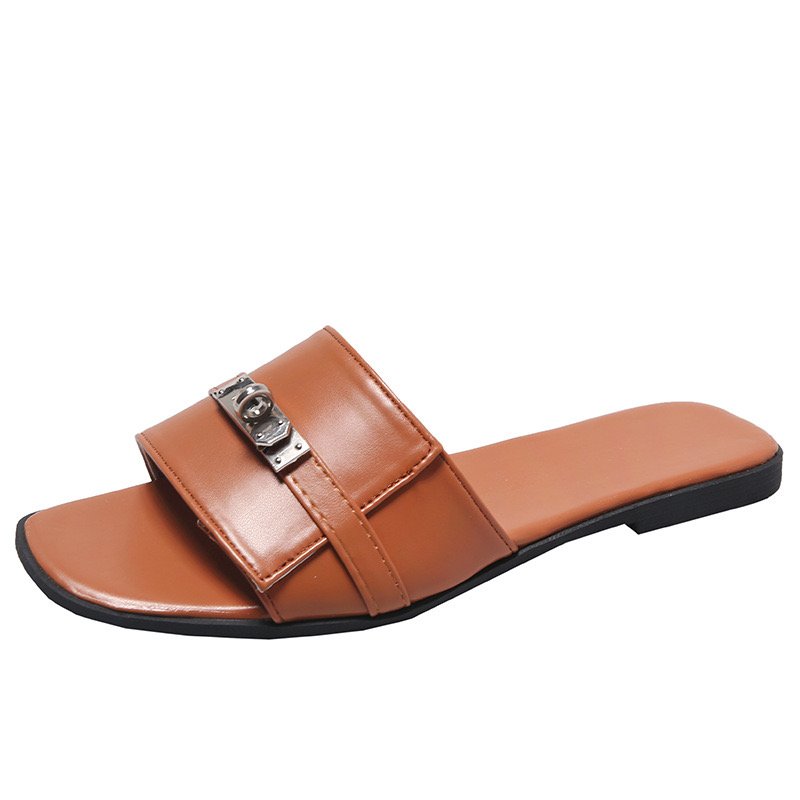 Summer Ladies Leather Slide Slippers Logo Custom Square Toe Soft Leather Women Outdoor Flat Sandals