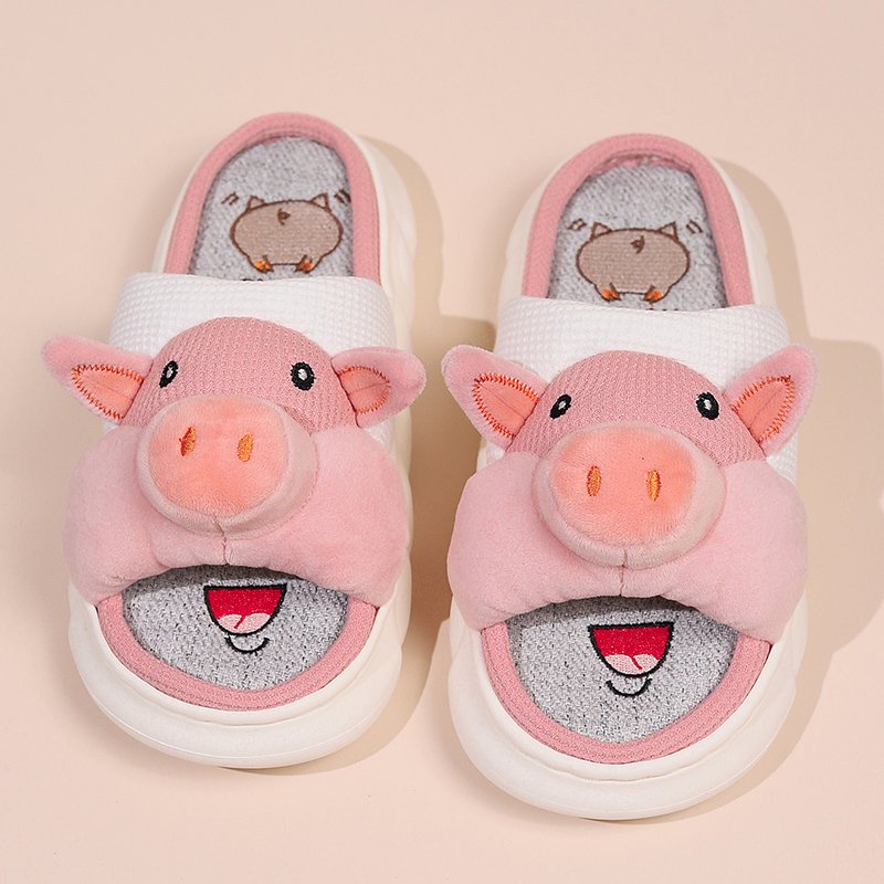 Custom Animal Prints Thick Sole Soft Slides Slippers Pink Pig Print Cotton Fabric and Linen Open Toed Soft Slippers