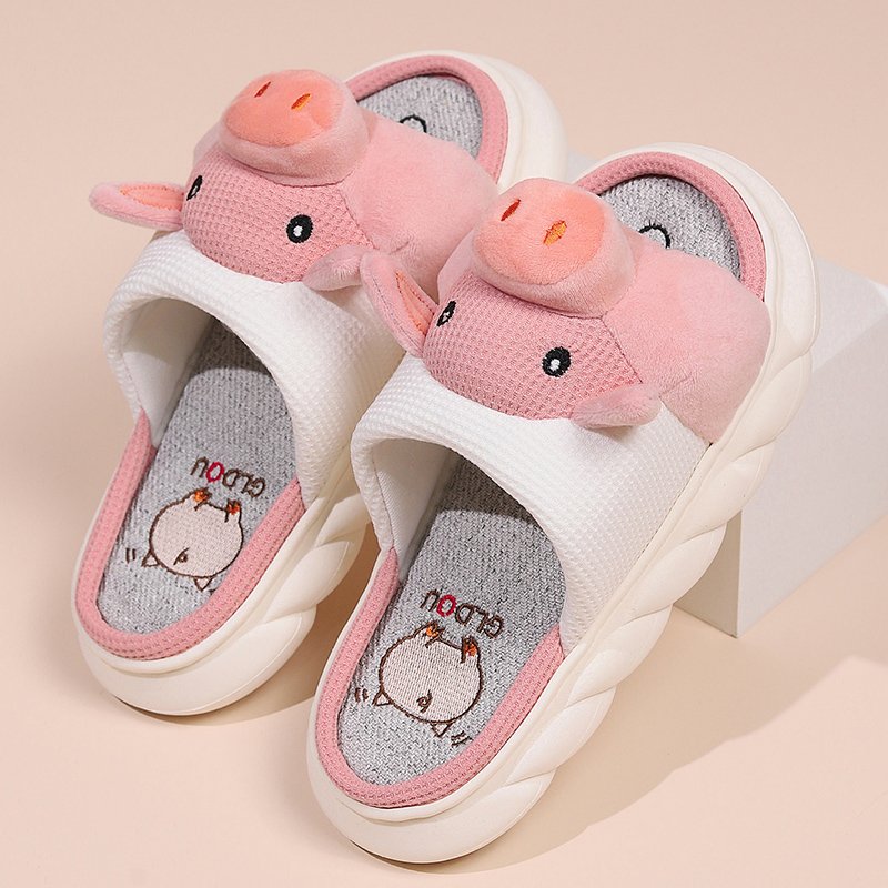 Custom Animal Prints Thick Sole Soft Slides Slippers Pink Pig Print Cotton Fabric and Linen Open Toed Soft Slippers