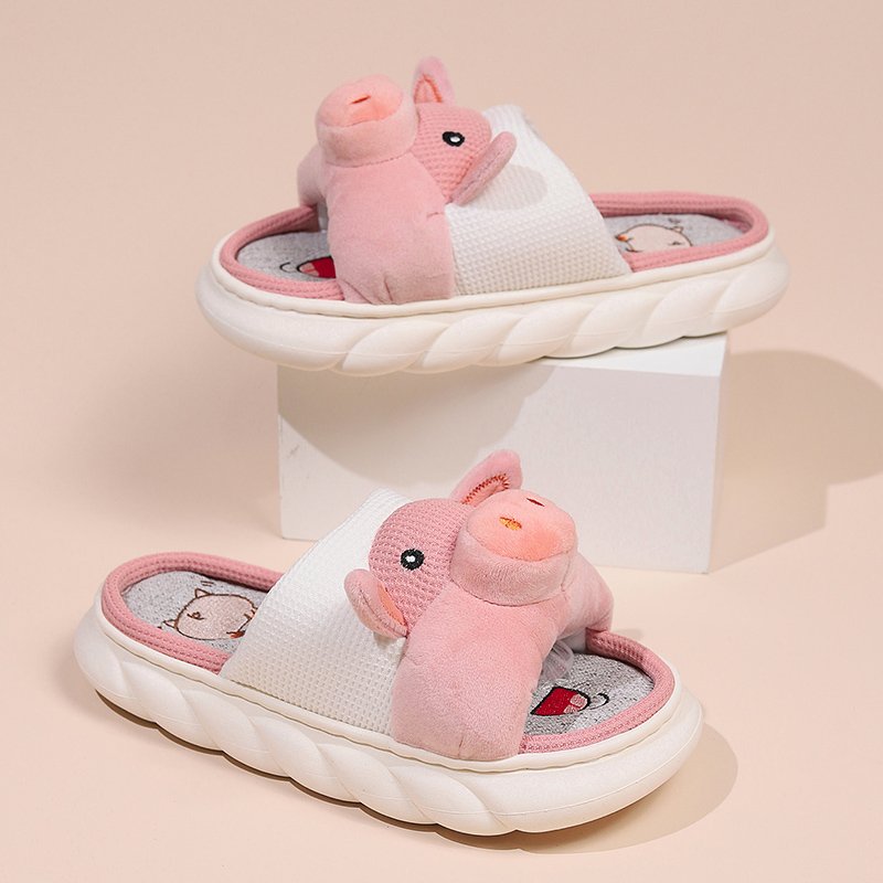 Custom Animal Prints Thick Sole Soft Slides Slippers Pink Pig Print Cotton Fabric and Linen Open Toed Soft Slippers