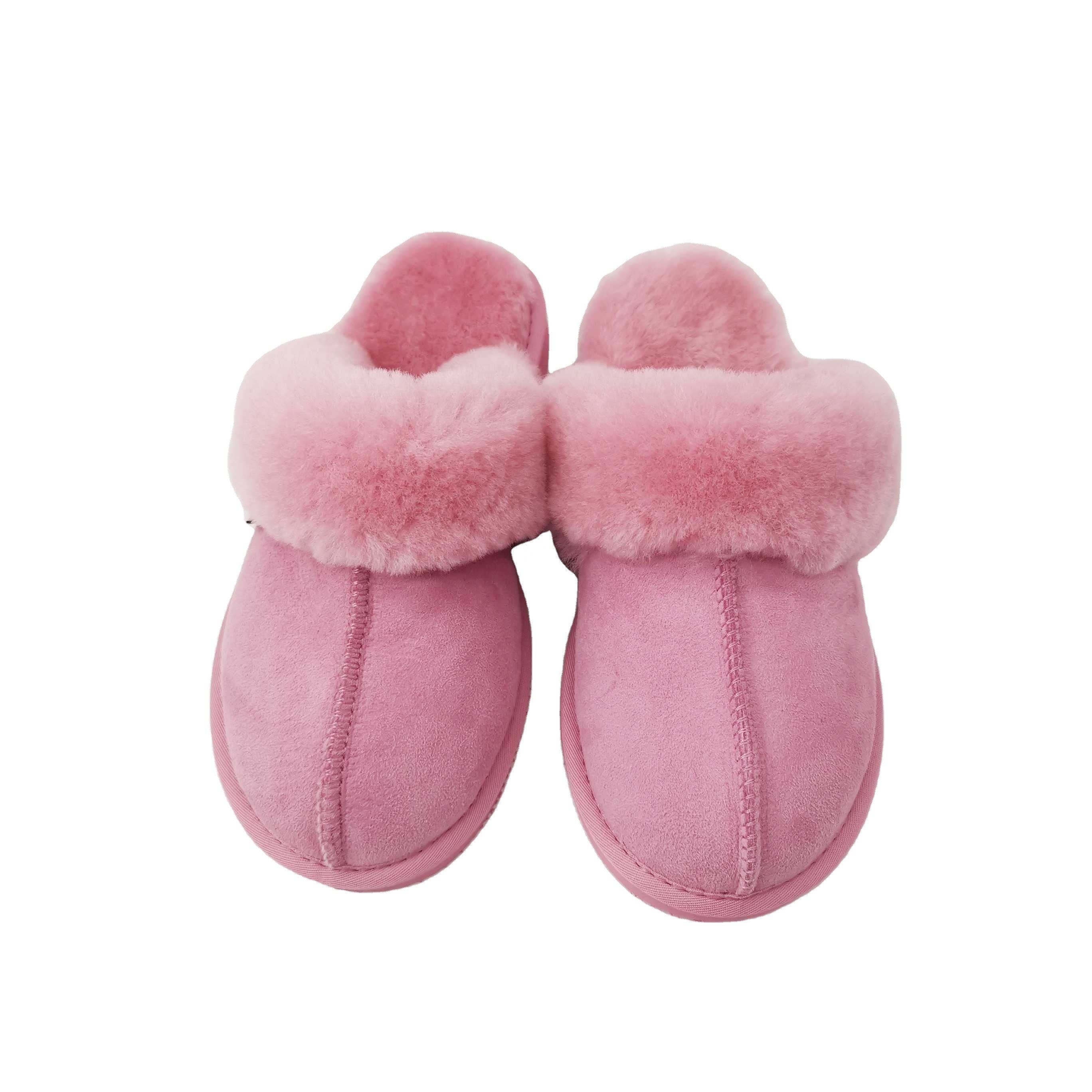 HQS-WS019 Factory Wholesale Wool slippers Sheepskin Moccasin slippers Genuine Customized Sheepskin slippers For Women
