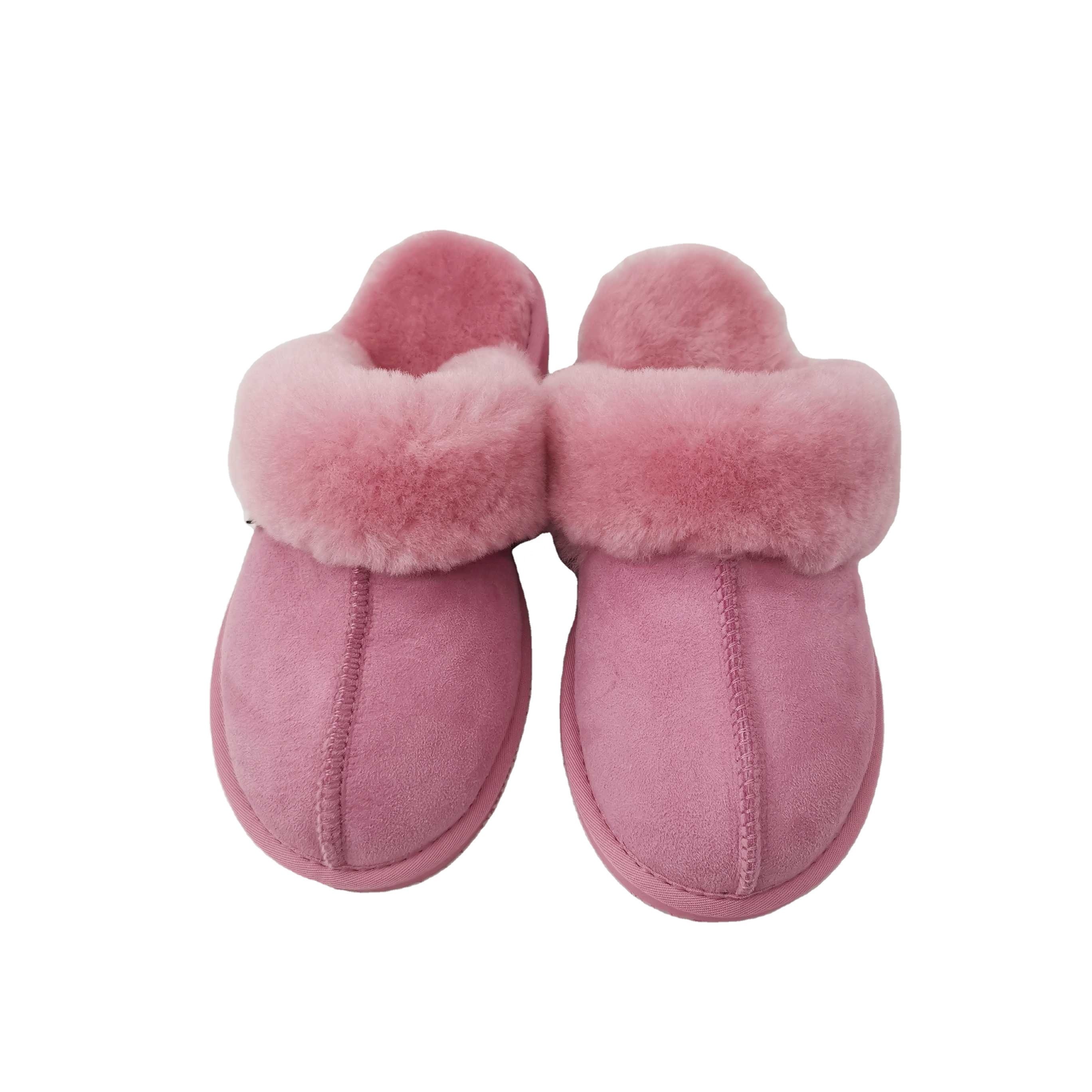 HQS-WS019 Factory Wholesale Wool slippers Sheepskin Moccasin slippers Genuine Customized Sheepskin slippers For Women
