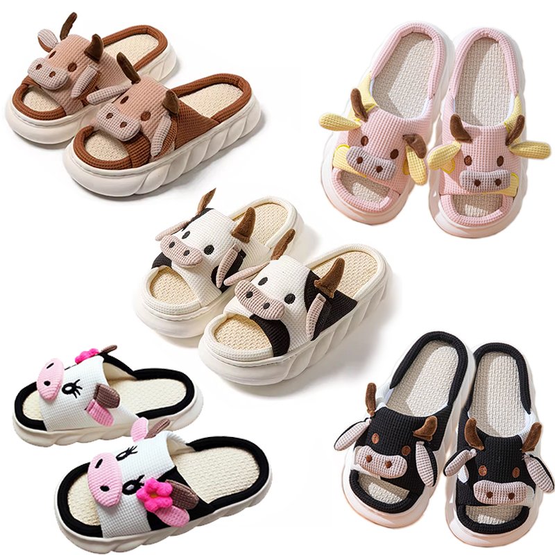 Custom Women cute pig summer cow stuffed wholesale animal print plush fluffy fuzzy slippers soft plush house shoes slippers