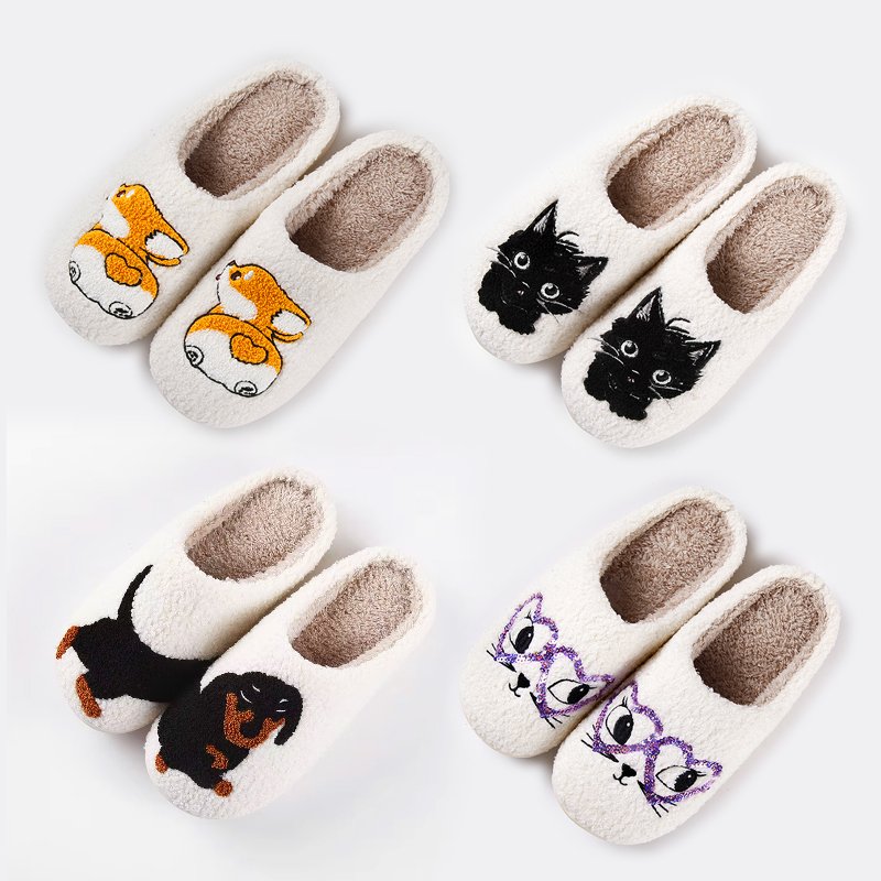 Custom Women cute pig summer cow stuffed wholesale animal print plush fluffy fuzzy slippers soft plush house shoes slippers