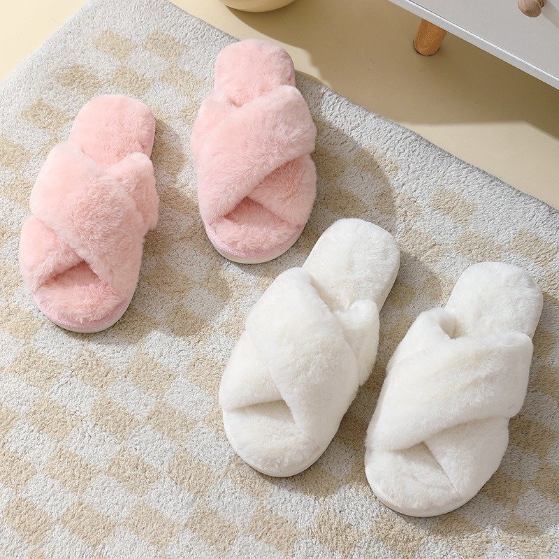 Cross-Border Autumn Winter Rabbit Fur Ladies Cross-strap Home Cotton Slides Slippers Anti-slip Thick Warm Indoor Slippers