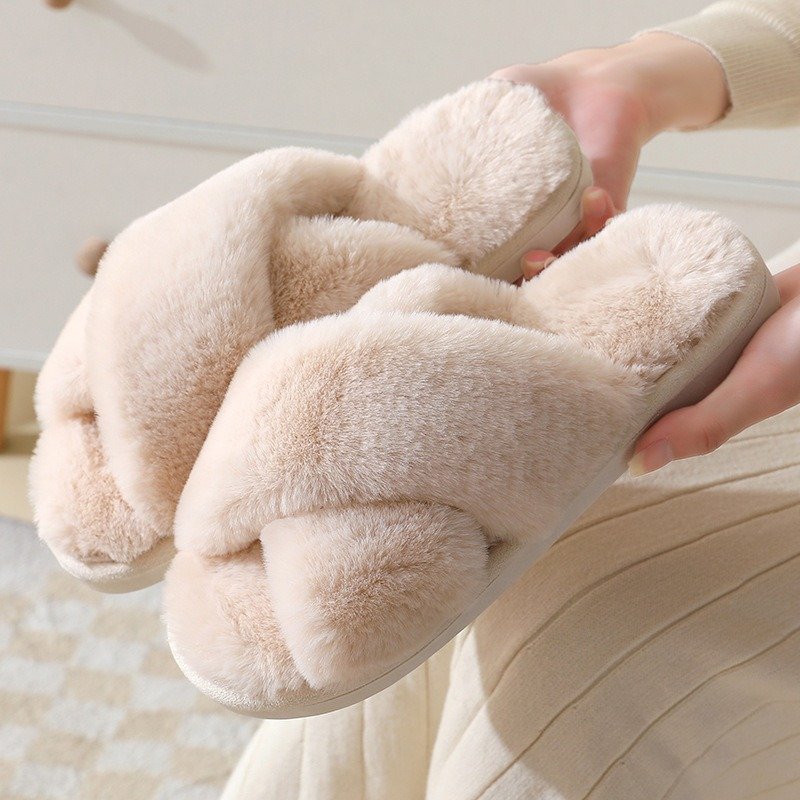 Cross-Border Autumn Winter Rabbit Fur Ladies Cross-strap Home Cotton Slides Slippers Anti-slip Thick Warm Indoor Slippers