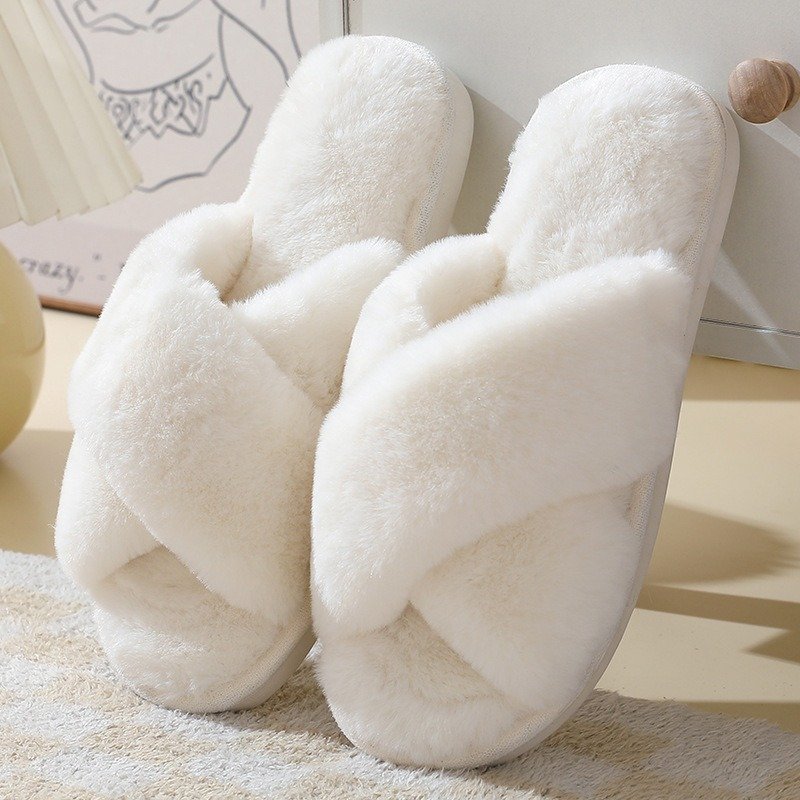 Cross-Border Autumn Winter Rabbit Fur Ladies Cross-strap Home Cotton Slides Slippers Anti-slip Thick Warm Indoor Slippers